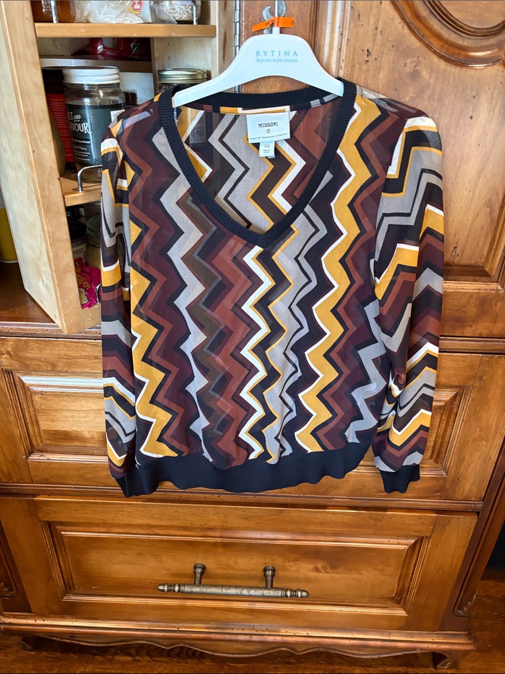 Missoni Women’s V-Neck Zigzag Knit Sweater in Brown, Mustard & Gray XS